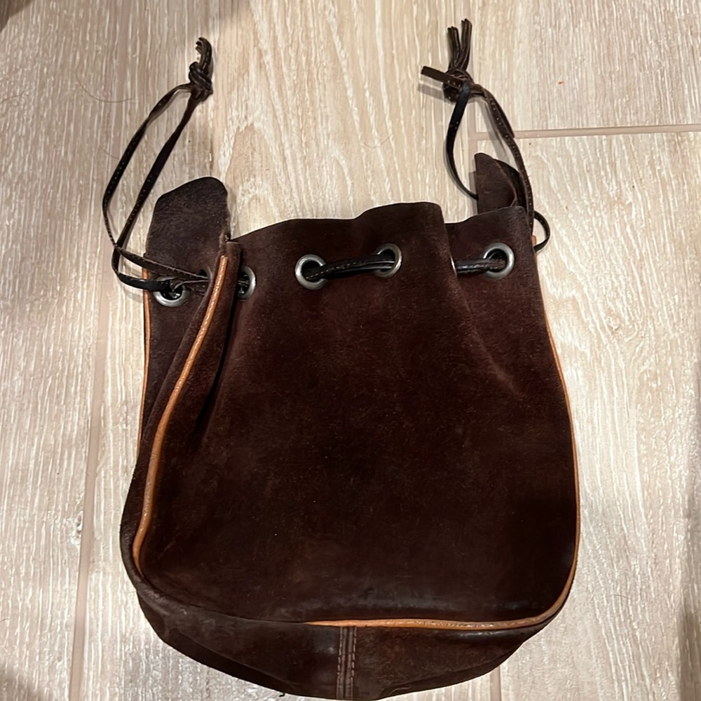 Brown Suede Leather Bucket Bag Purse | Drawstrings | Europe (Germany) | 8” x 11”